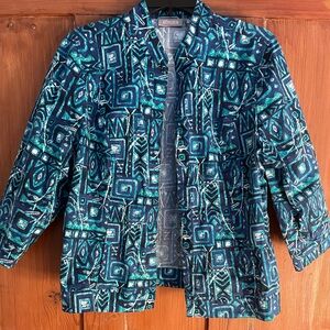 Chicos Coastal Blue White Green Aztec Cotton Jacket L